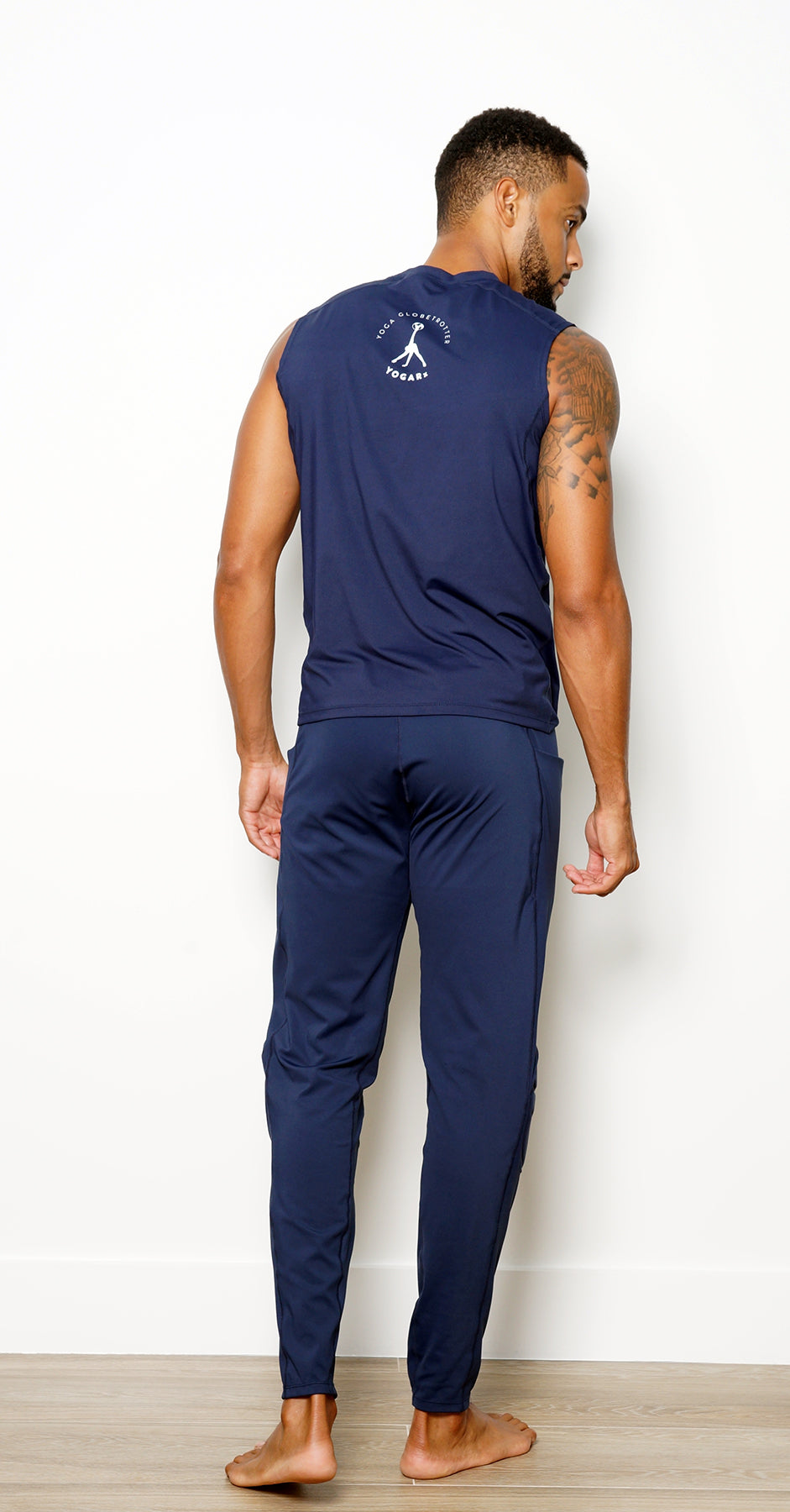 Mens navy yoga legging with built in knee pad