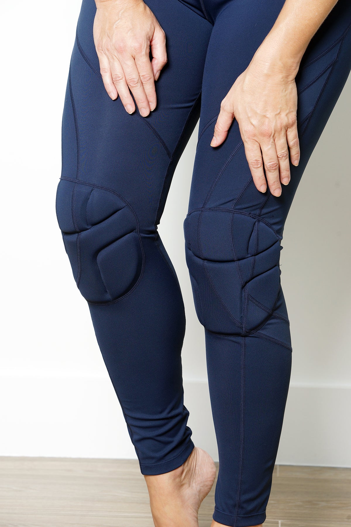 Womens navy legging with knee pad protection built in